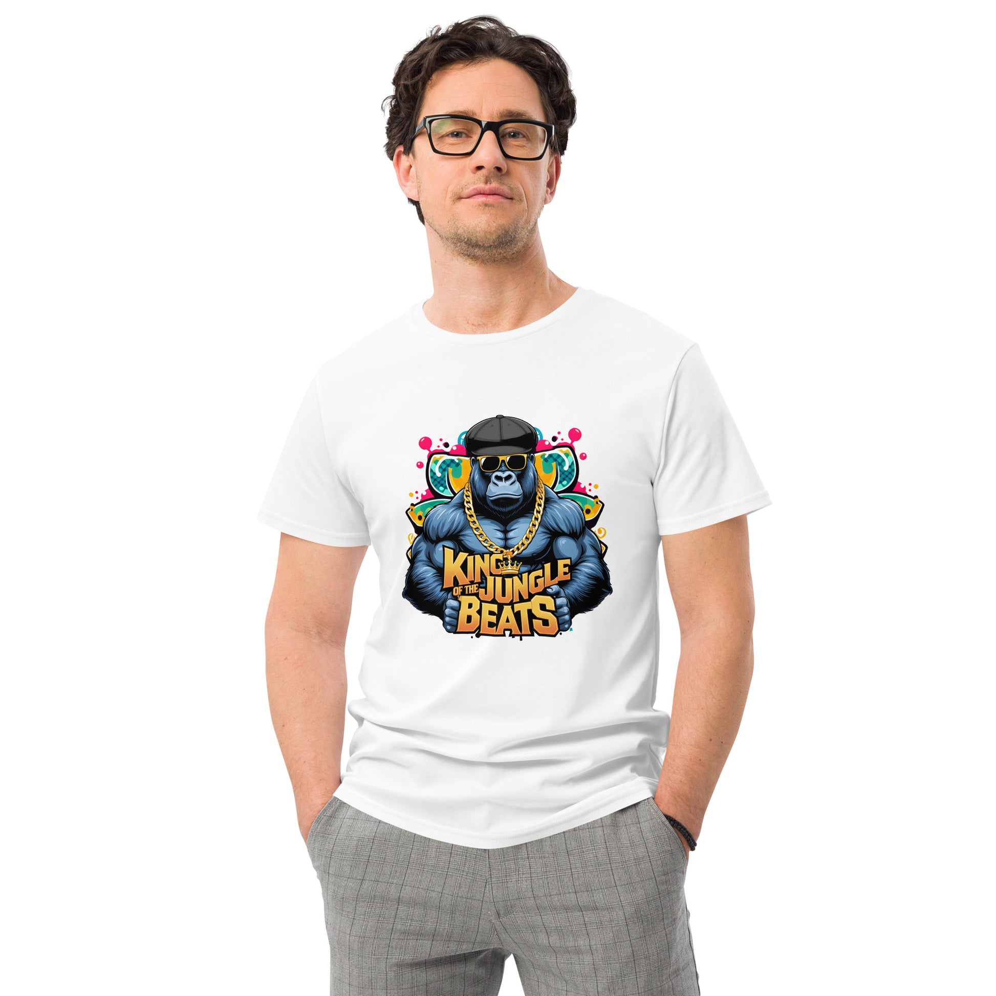 Cool gorilla in sunglasses and gold chain DJ graphic on white t-shirt.