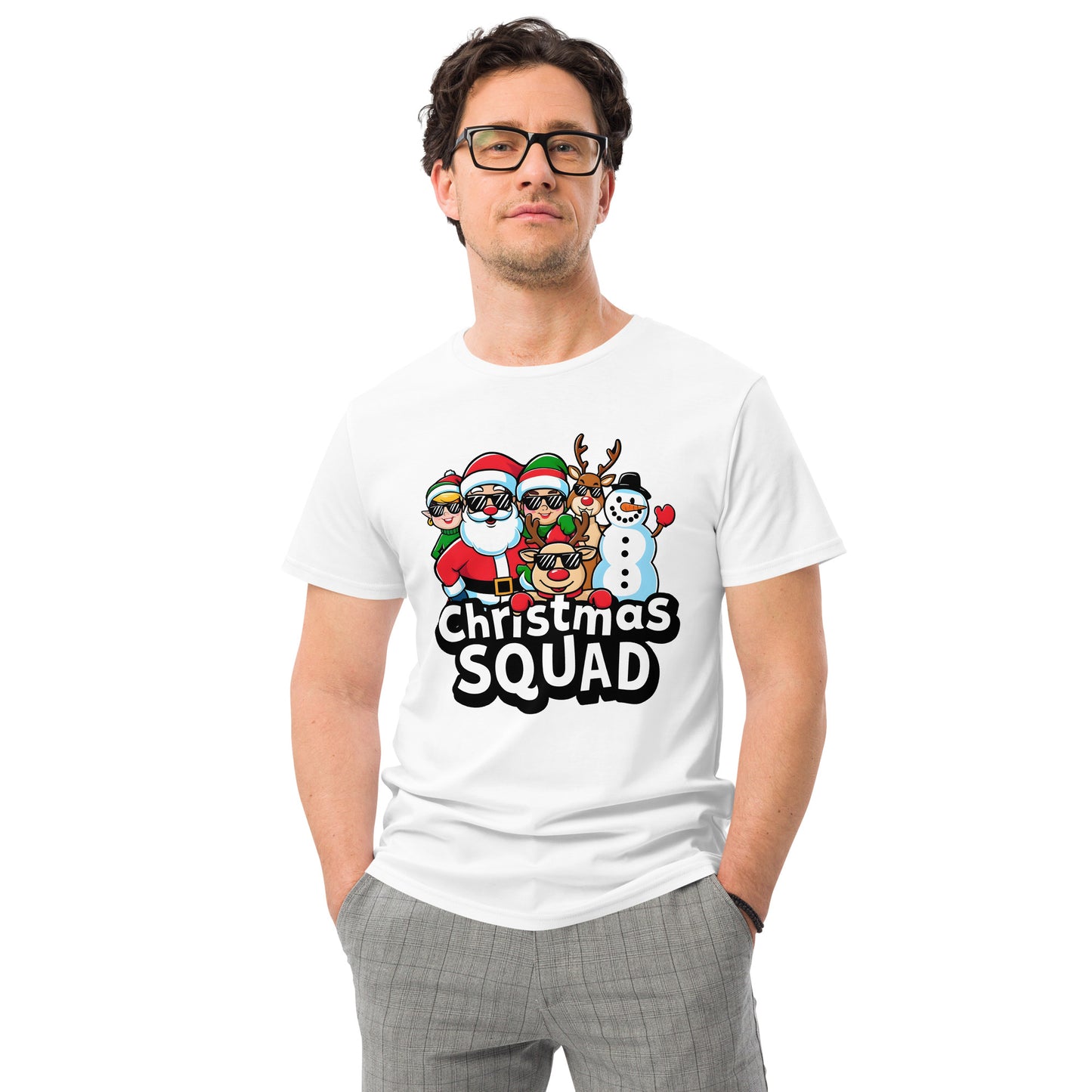 White t-shirt with Santa, reindeer, snowman, elves and text “Christmas Squad”

