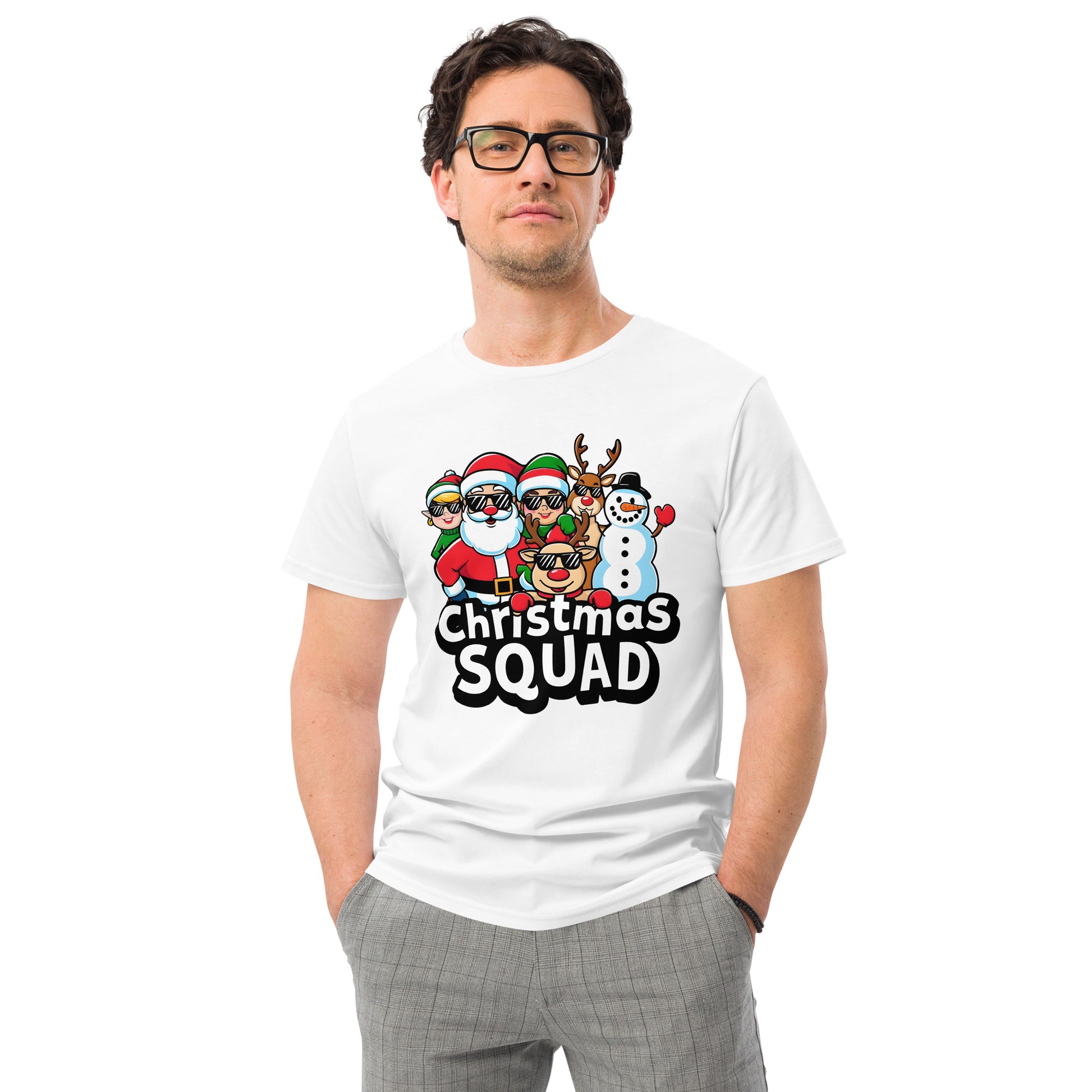 White t-shirt with Santa, reindeer, snowman, elves and text “Christmas Squad”

