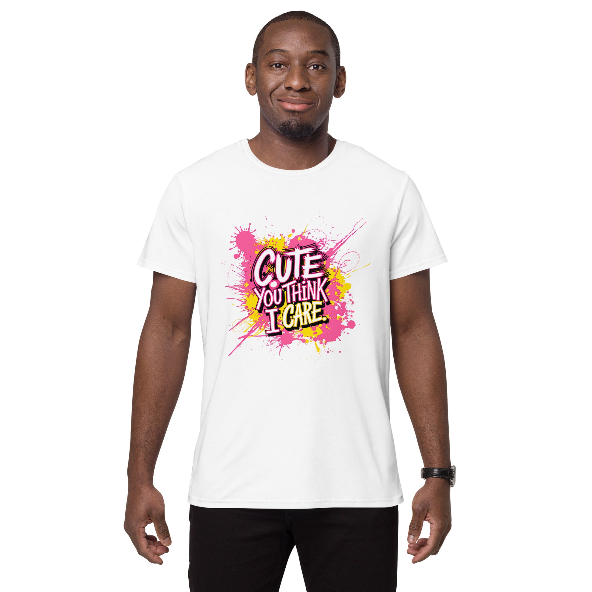 White t-shirt with colourful text “Cute You Think I Care” and paint splatter

