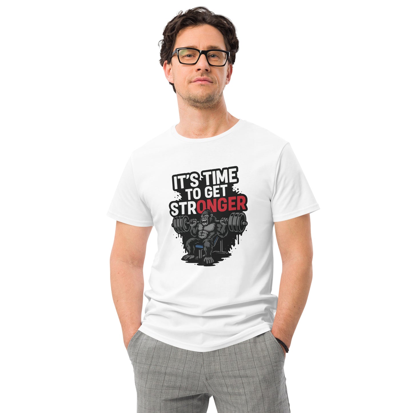 Gorilla bench pressing weights with ‘It’s Time to Get Stronger’ gym quote

