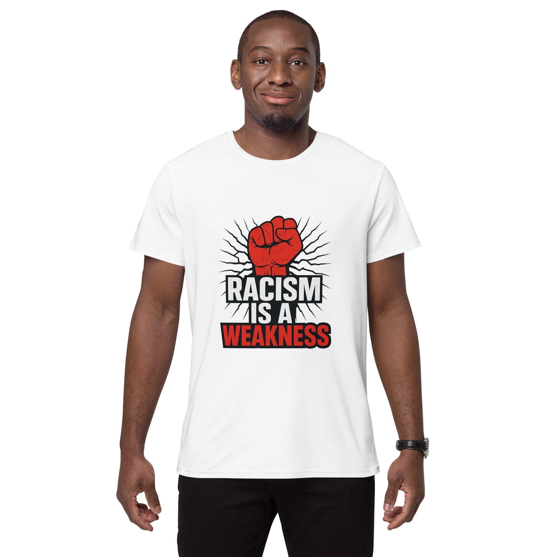 Raised red fist with 'Racism Is a Weakness' text graphic