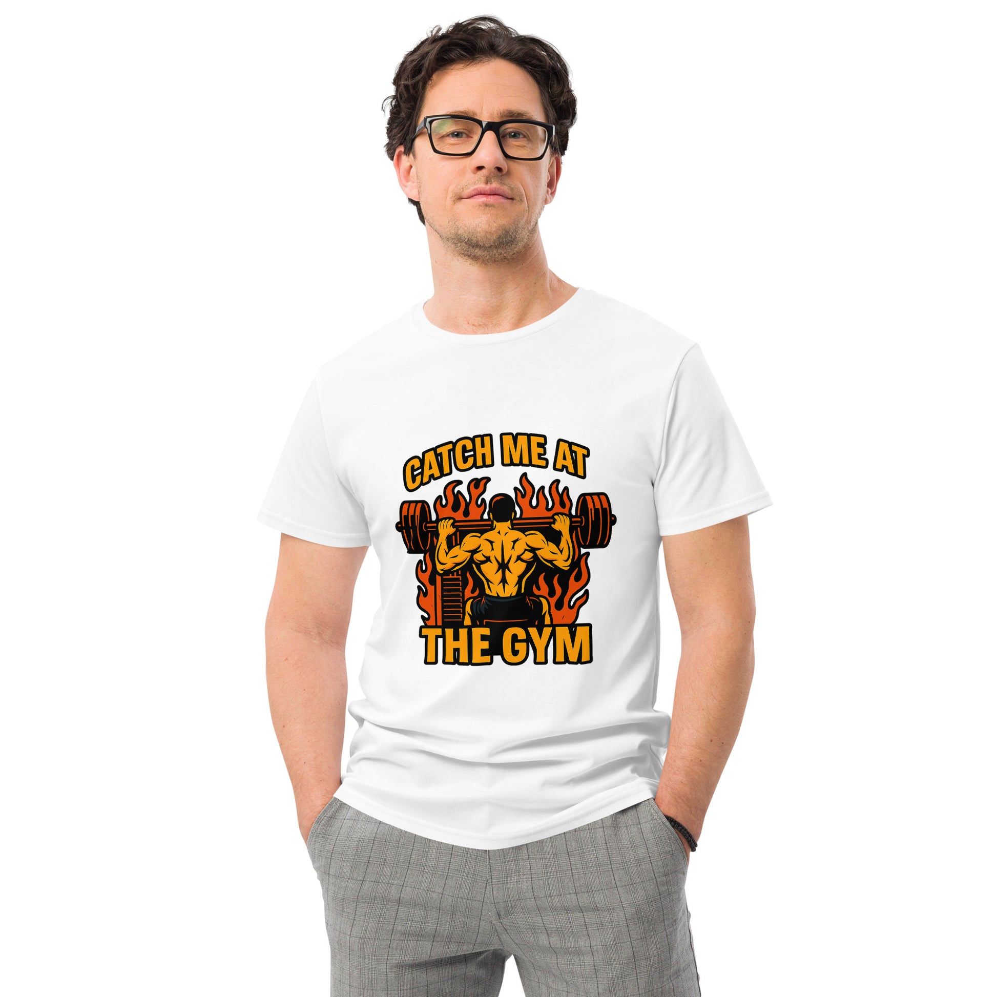 Gym t-shirt design with muscular man lifting weights and flames in the background.
