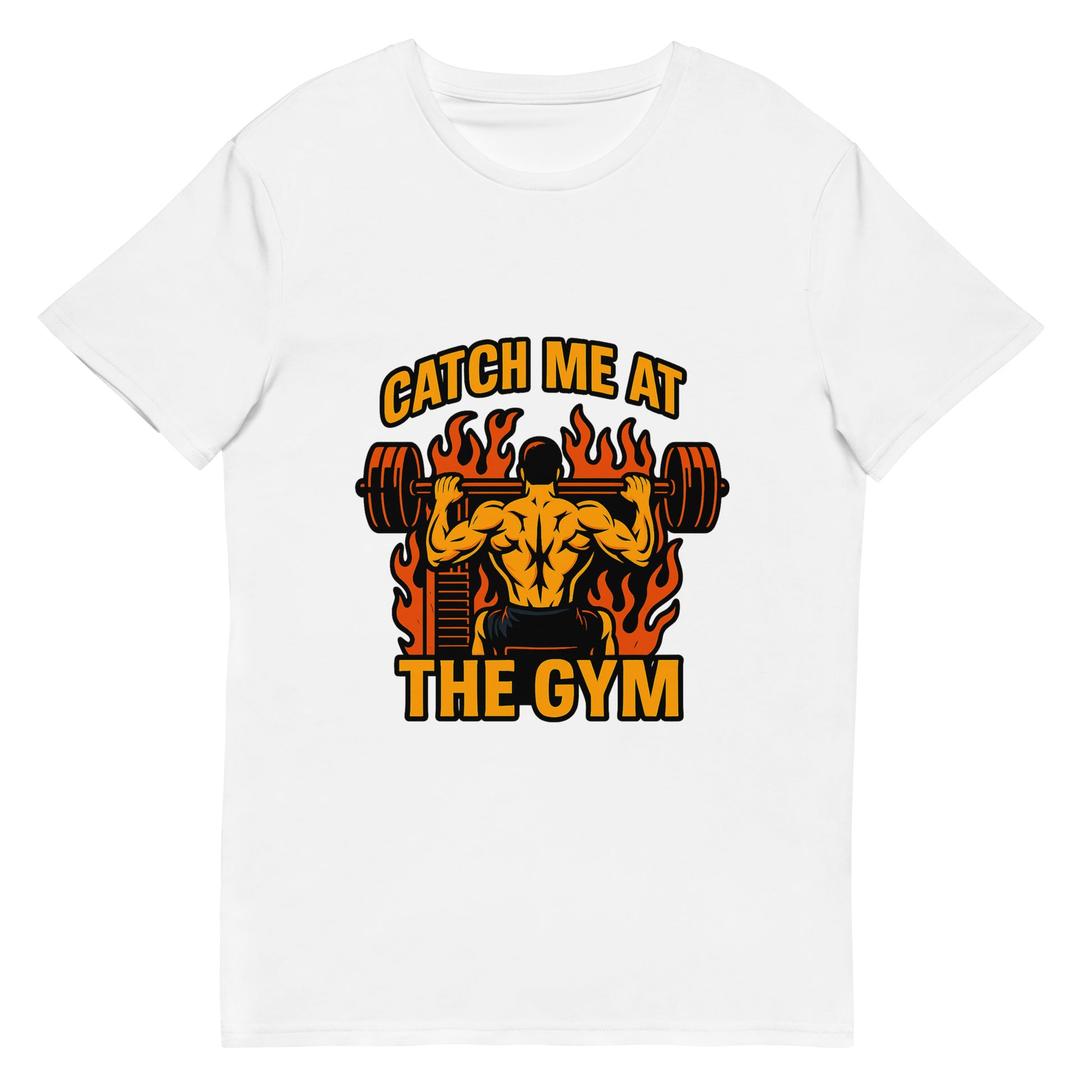 Gym t-shirt design with muscular man lifting weights and flames in the background.

