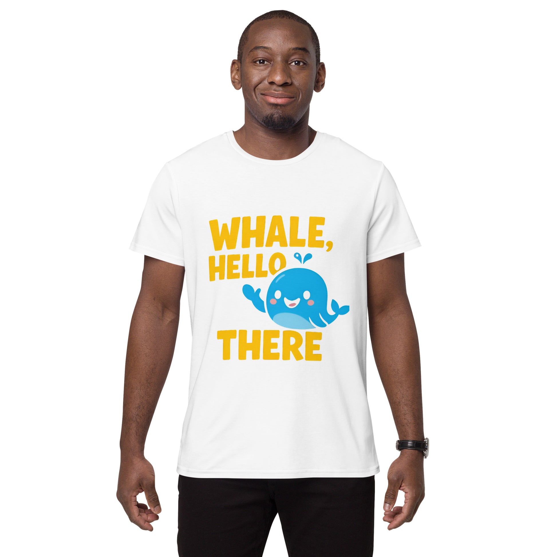 Whale Hello There t-shirt with cute blue whale cartoon design in DTF print

