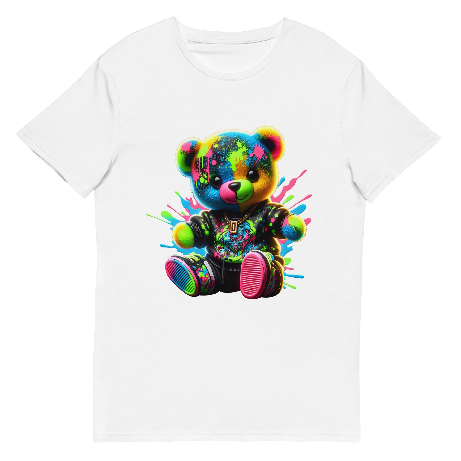 Neon Graffiti Teddy Bear streetwear t shirt with bright colourful design and graffiti style DTF print