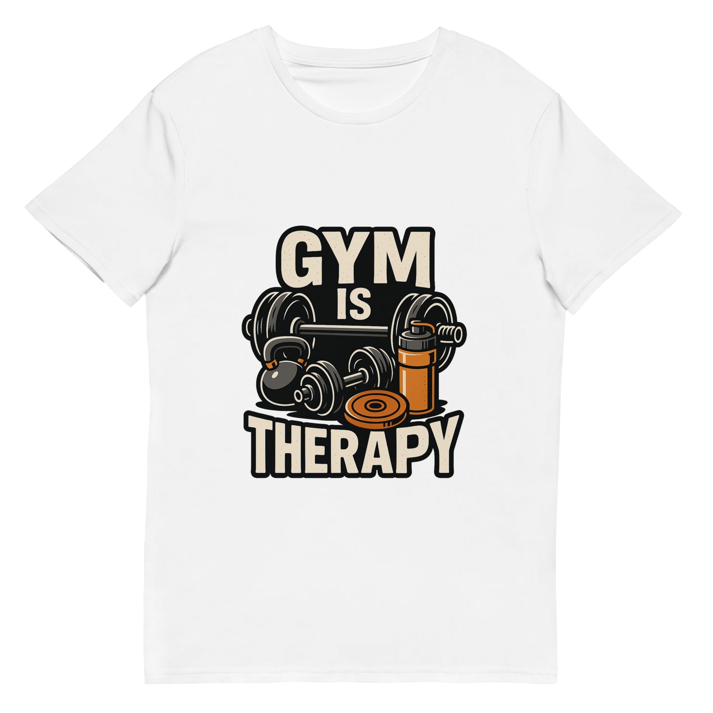Gym Is Therapy motivational gym t shirt with dumbbell and barbell design DTF print
