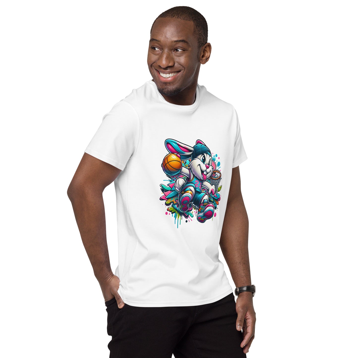 Cartoon graffiti basketball bunny wearing chains and cap – streetwear t-shirt design

