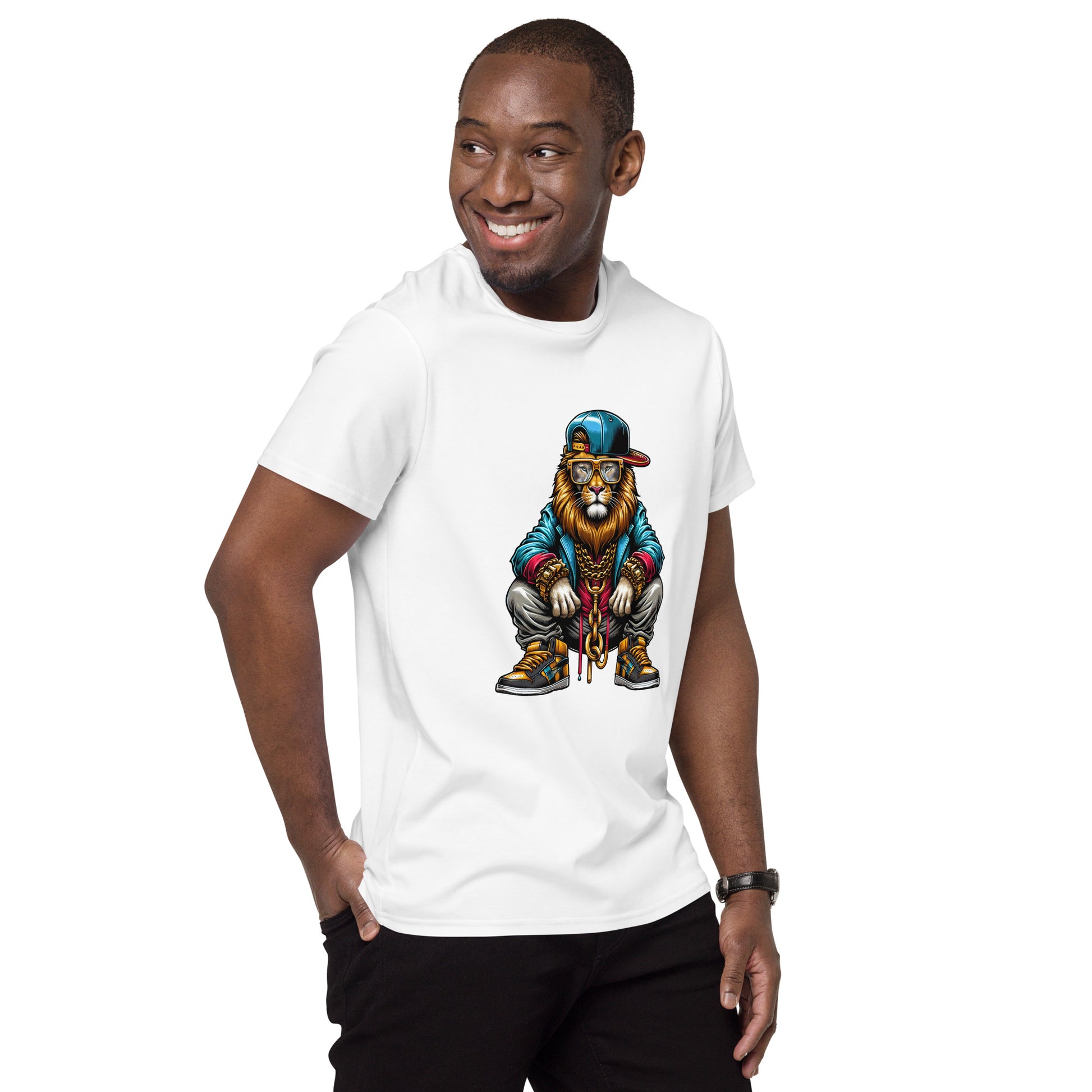 Gangster lion graphic wearing snapback, gold chains, and sneakers.