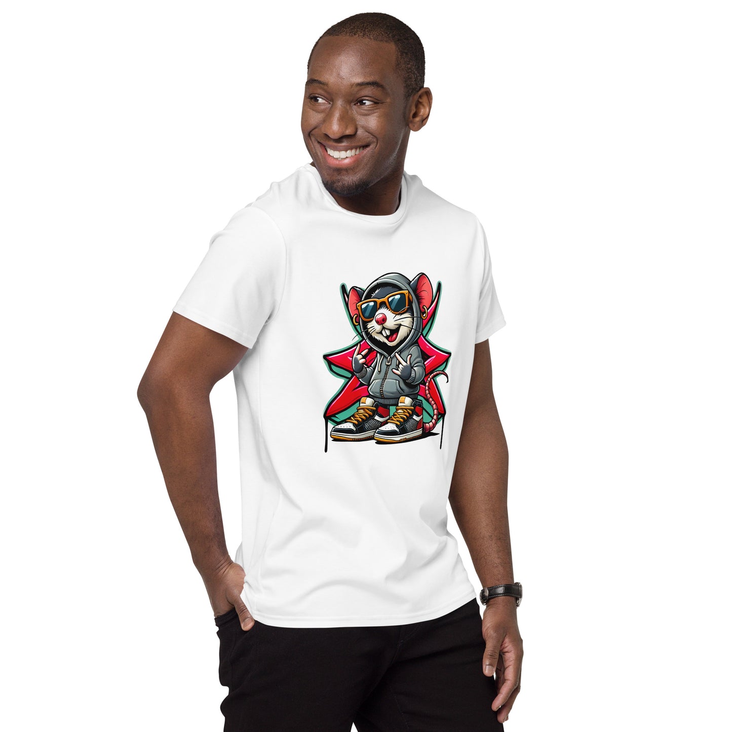 Cartoon gangster mouse in hoodie graphic on white streetwear t-shirt

