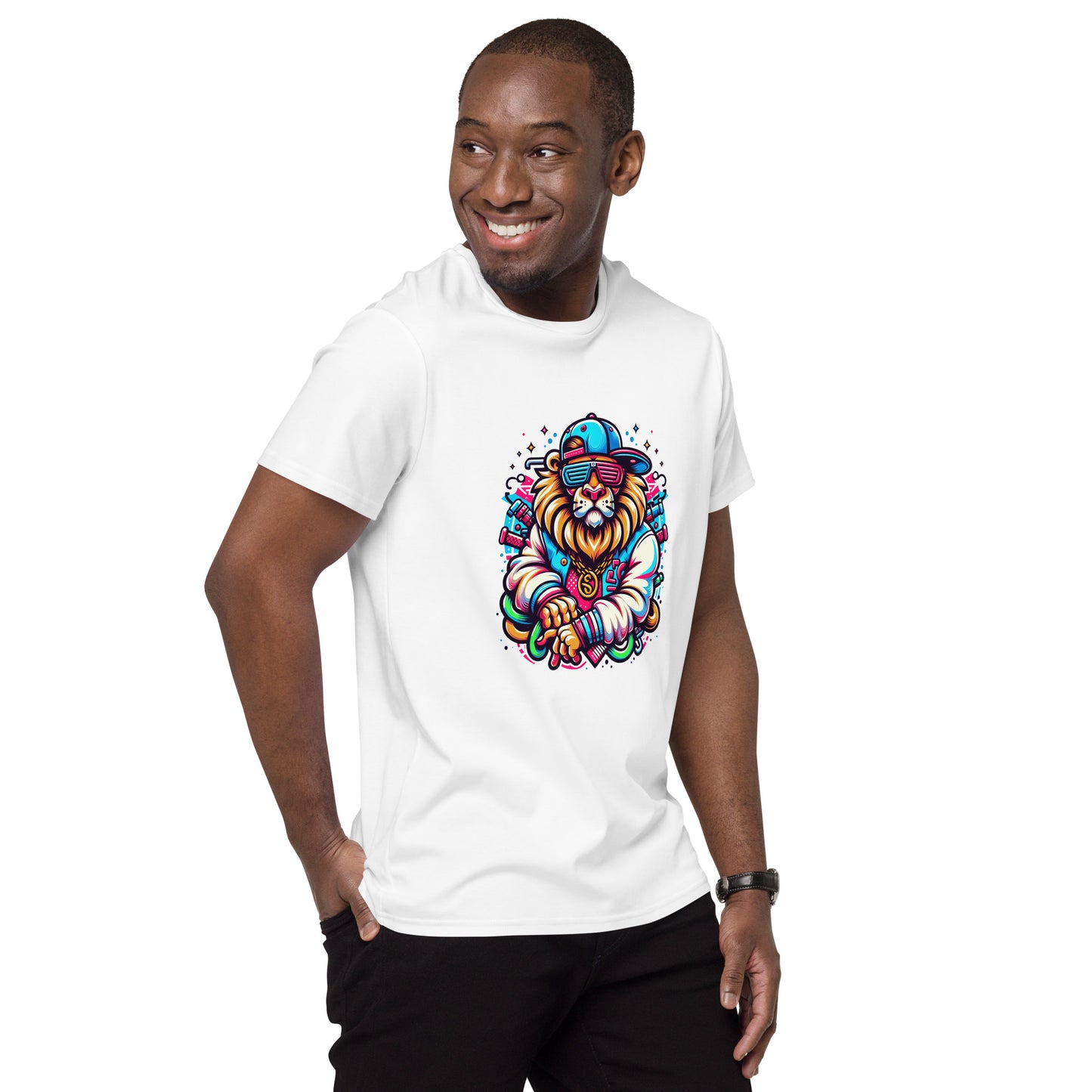 Colorful gangster lion illustration with gold chain and streetwear style, used on graphic t-shirt
