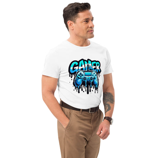 Blue dripping game controller with bold “GAMER” text – cool graphic gaming t-shirt

