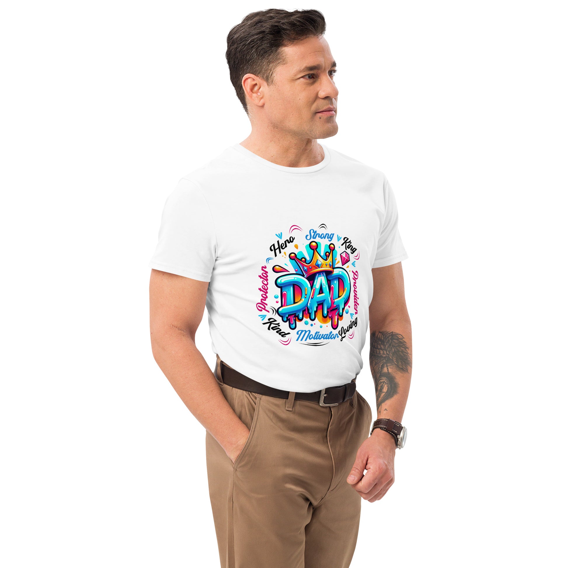 Graffiti-style DAD t-shirt with crown and bold words: Protector, Provider, Motivator