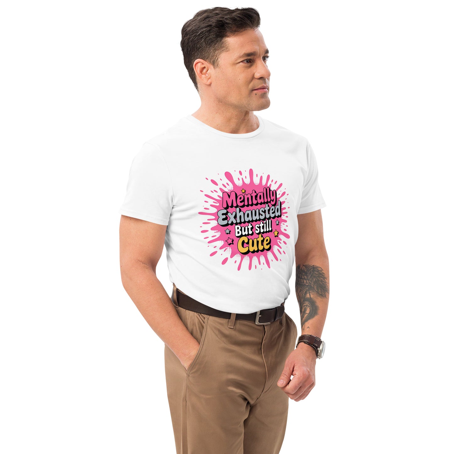 Funny t-shirt with the quote “Mentally exhausted but still cute” in pink bubble style

