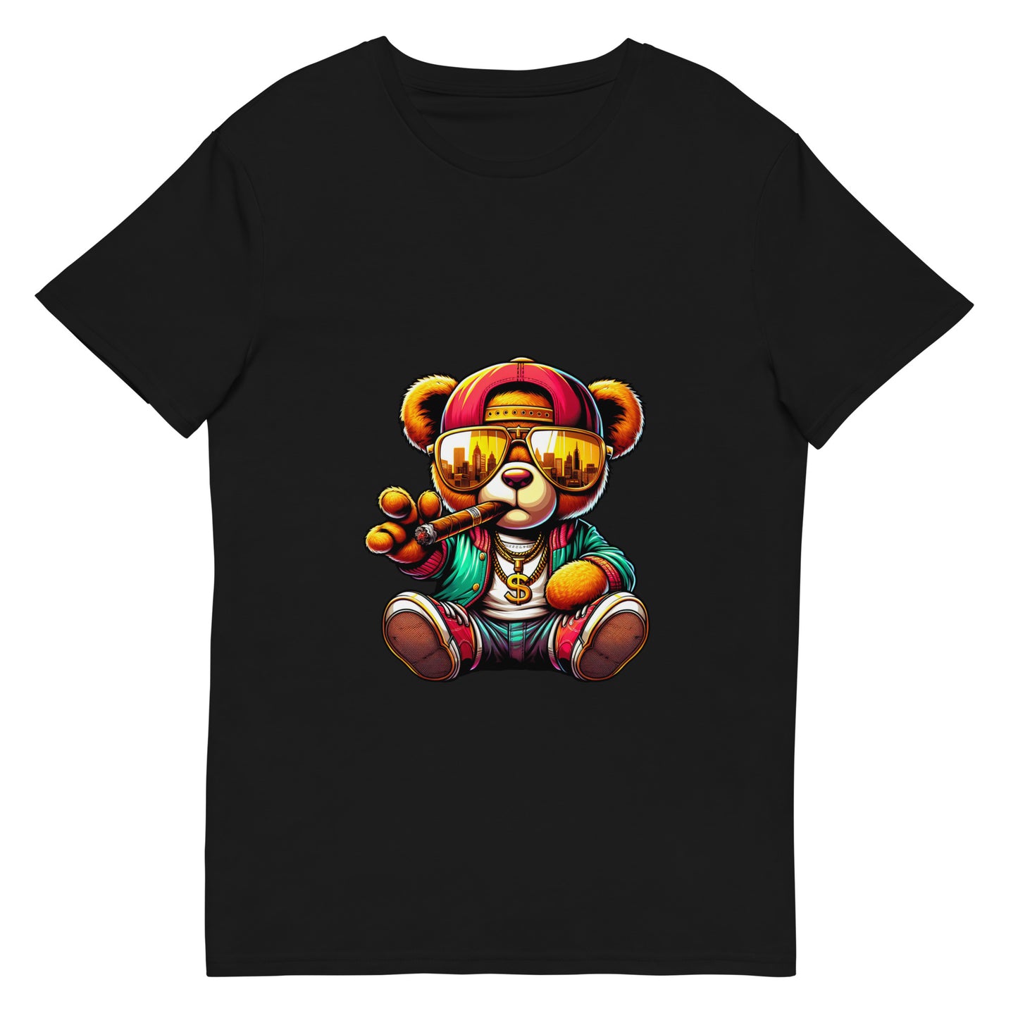 A stylish gangster teddy bear wearing gold chains, sunglasses and a cap while holding a cigar in a vibrant streetwear cartoon design.