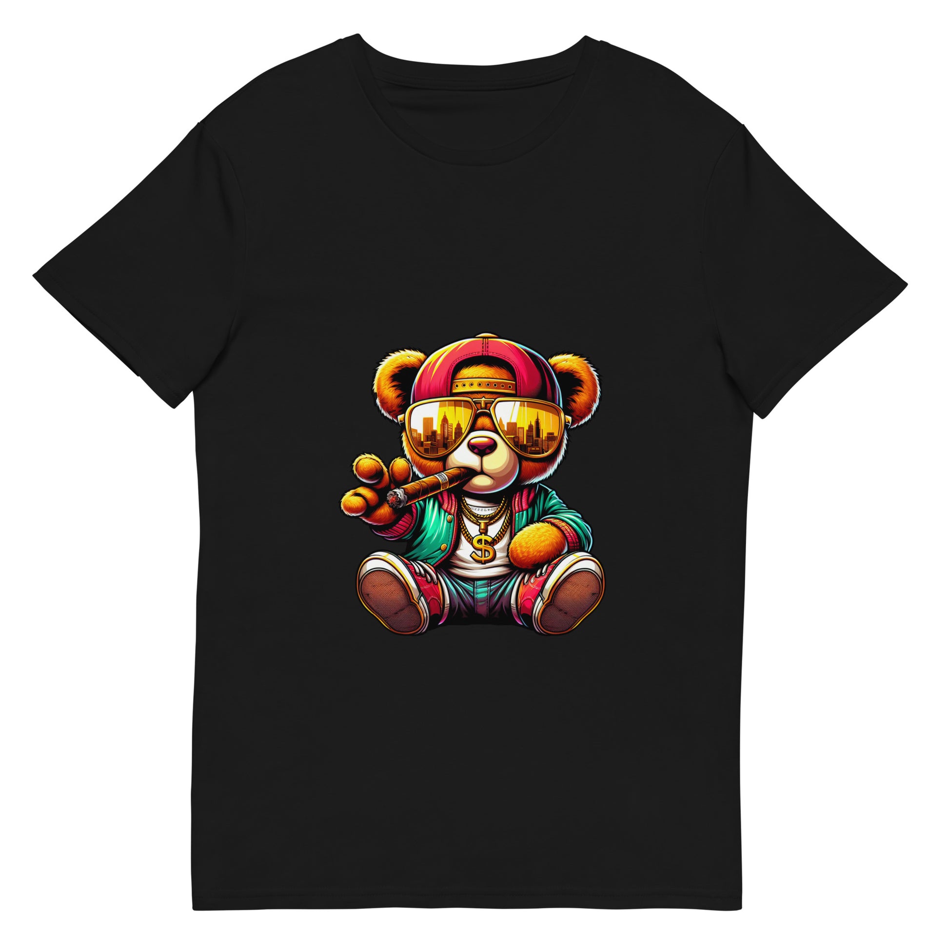 A stylish gangster teddy bear wearing gold chains, sunglasses and a cap while holding a cigar in a vibrant streetwear cartoon design.