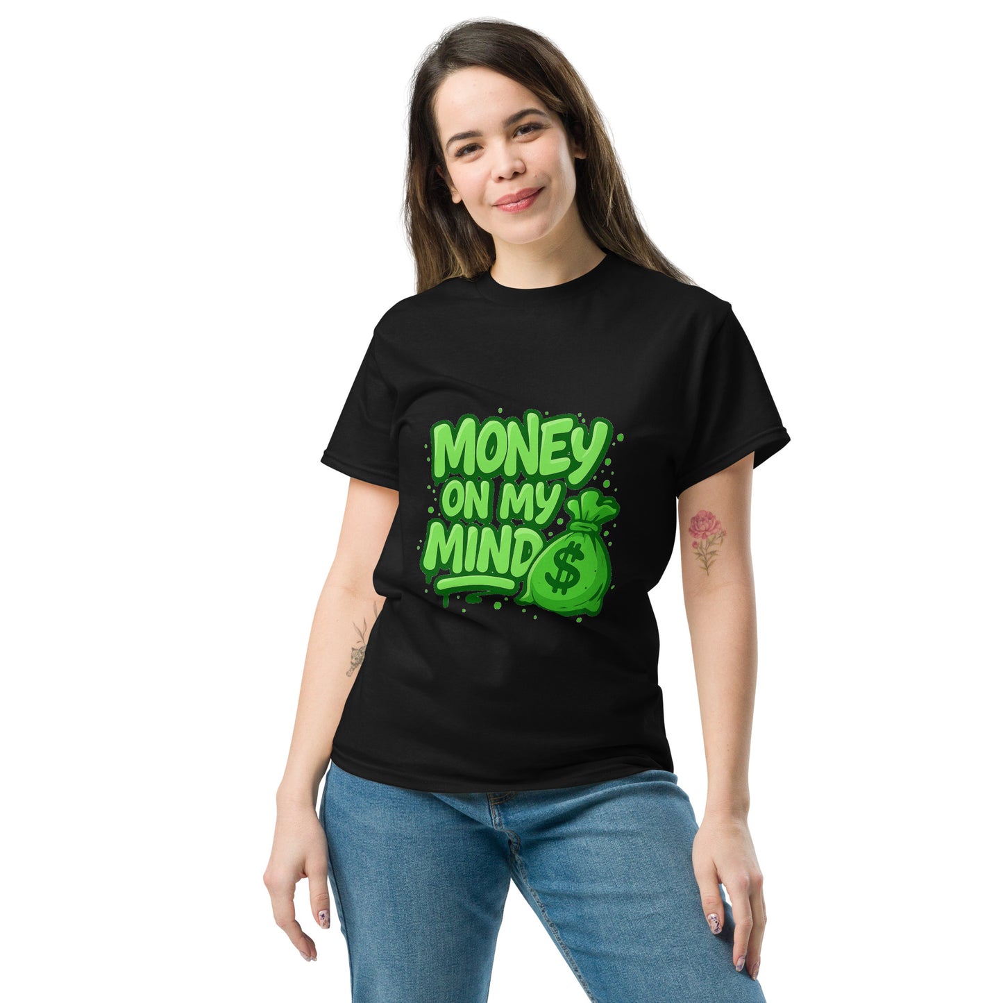 green money on my mind graphic with cash bag illustration for t shirt design