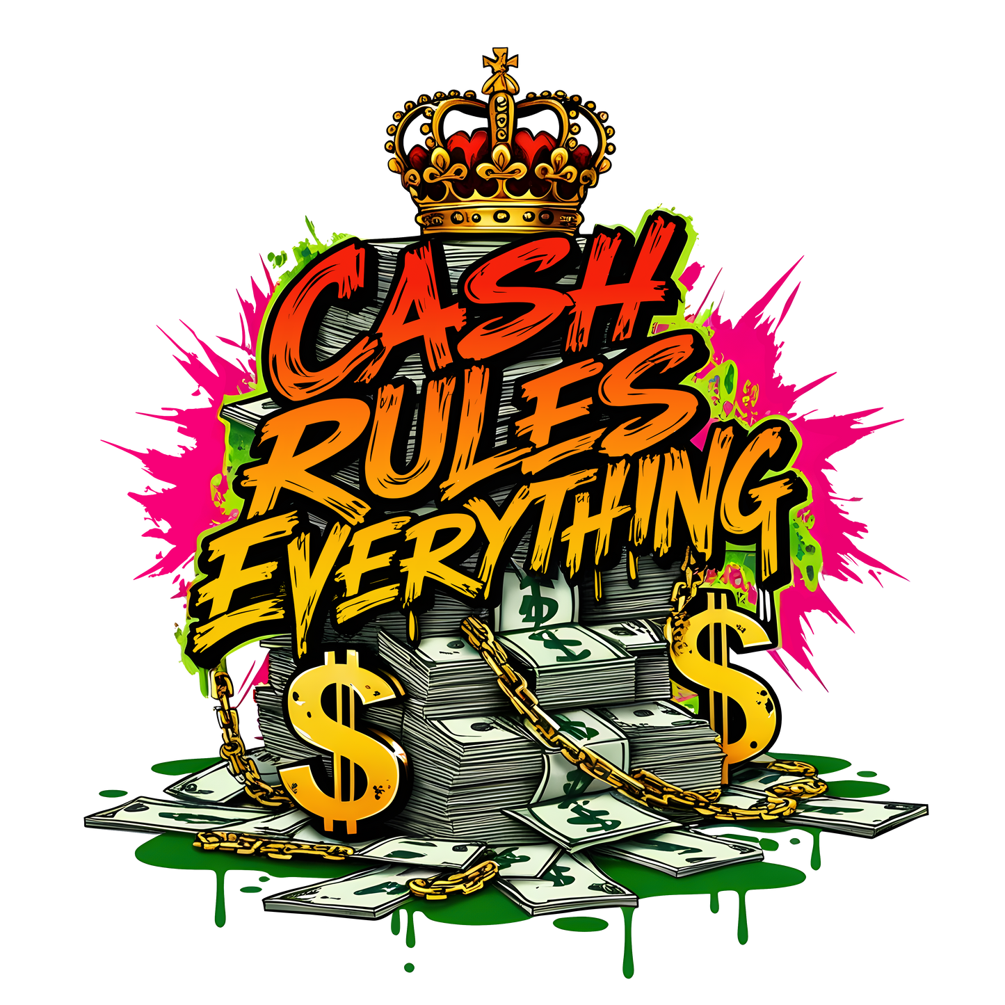 A bold “Cash Rules Everything” streetwear graphic featuring money stacks, chains and a crown, printed with high-quality DTF printing in the UK.
