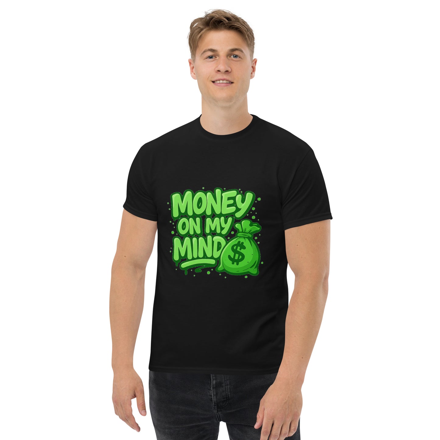 green money on my mind graphic with cash bag illustration for t shirt design