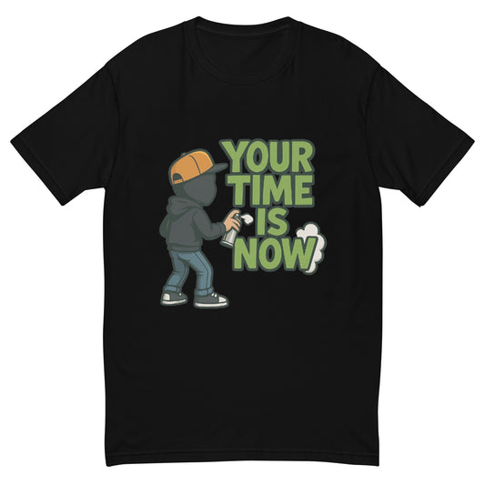 Your Time Is Now T shirt design featuring a graffiti-style motivational message and a hooded street artist with a spray can, perfect for inspirational streetwear, urban mindset apparel and professionally printed with high quality DTF printing in the UK