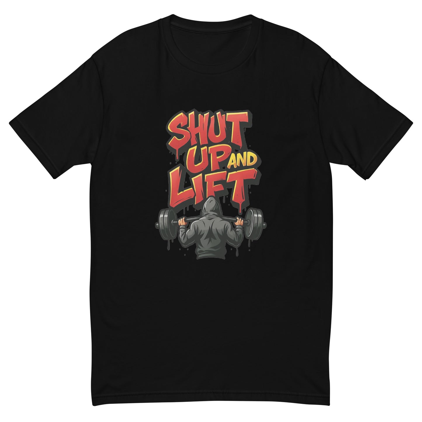 Shut Up and Lift T shirt design featuring bold graffiti lettering and a hooded lifter holding a heavy barbell, created for motivational gym apparel, hardcore fitness clothing and professionally printed with high quality DTF printing in the UK