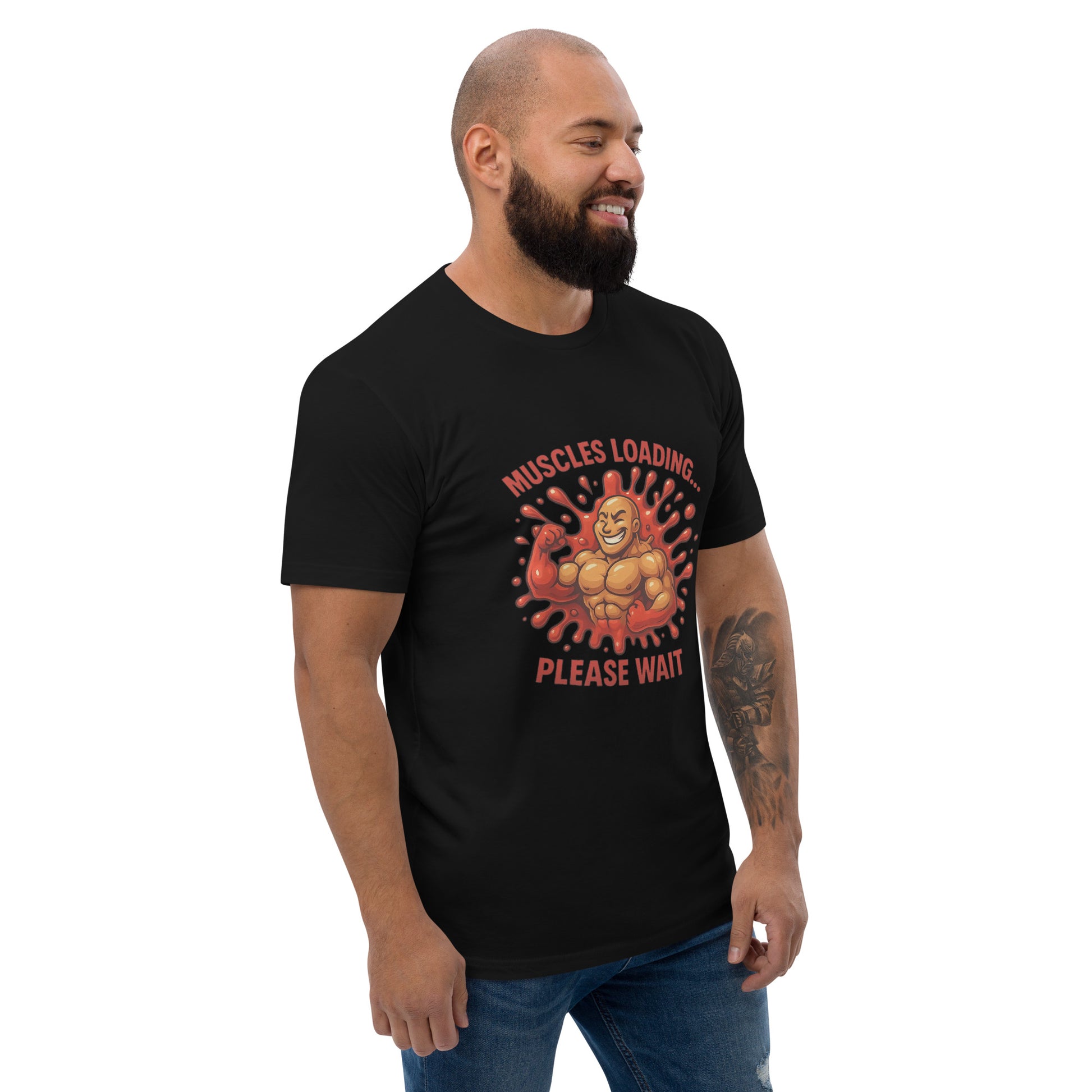 Muscles Loading funny gym t shirt design with bold cartoon bodybuilder artwork using premium DTF printing UK for fitness and bodybuilding lovers