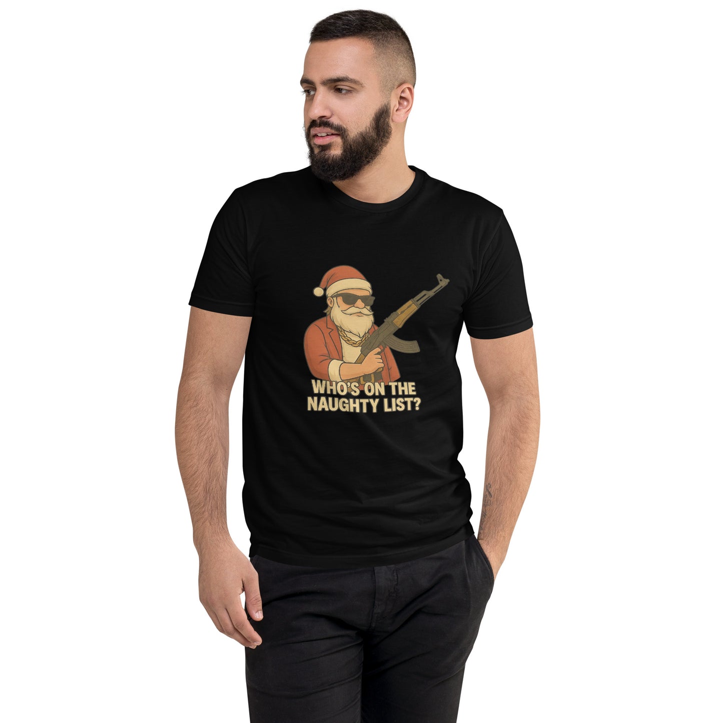 A funny streetwear Santa graphic with sunglasses, gold chain and a stylised weapon, printed with high-quality DTF printing in the UK.