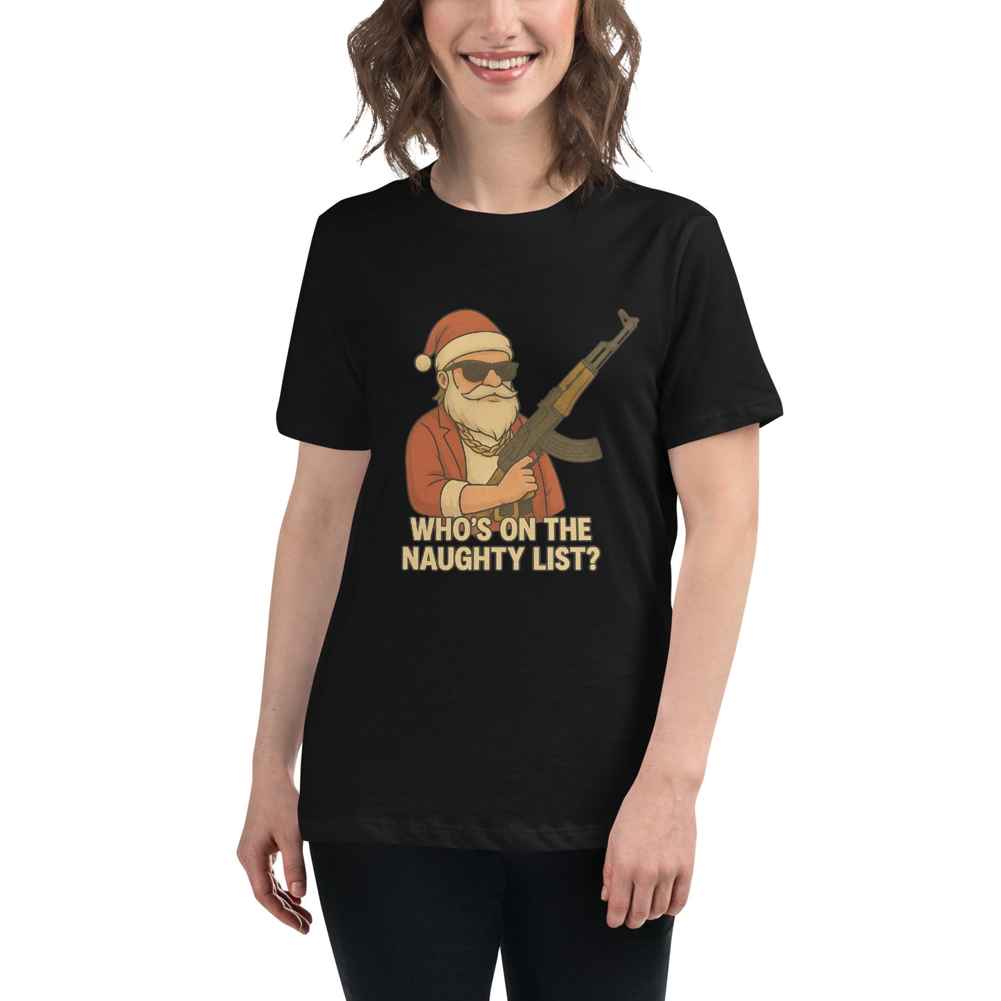 A funny streetwear Santa graphic with sunglasses, gold chain and a stylised weapon, printed with high-quality DTF printing in the UK.