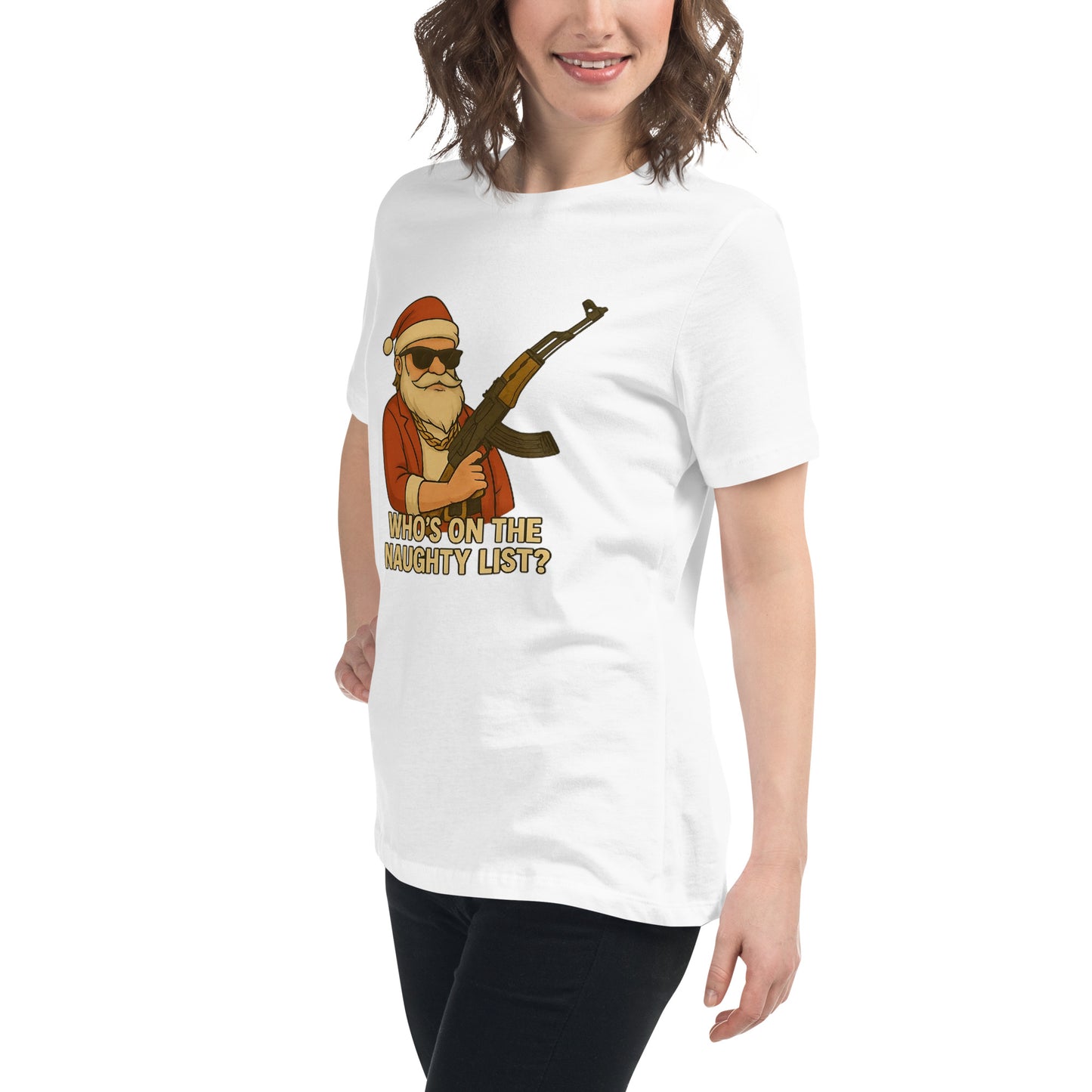 A funny streetwear Santa graphic with sunglasses, gold chain and a stylised weapon, printed with high-quality DTF printing in the UK.