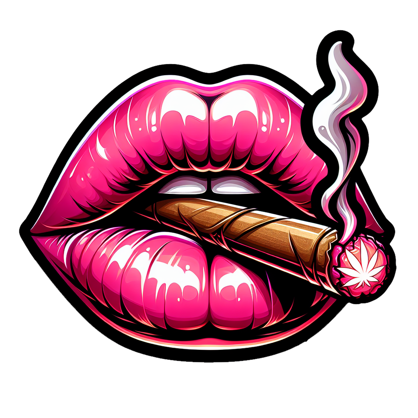 Pink lips T shirt featuring glossy neon lips holding a lit cigar in a bold streetwear art style, created for expressive urban fashion lovers and printed with high quality DTF printing in the UK.
