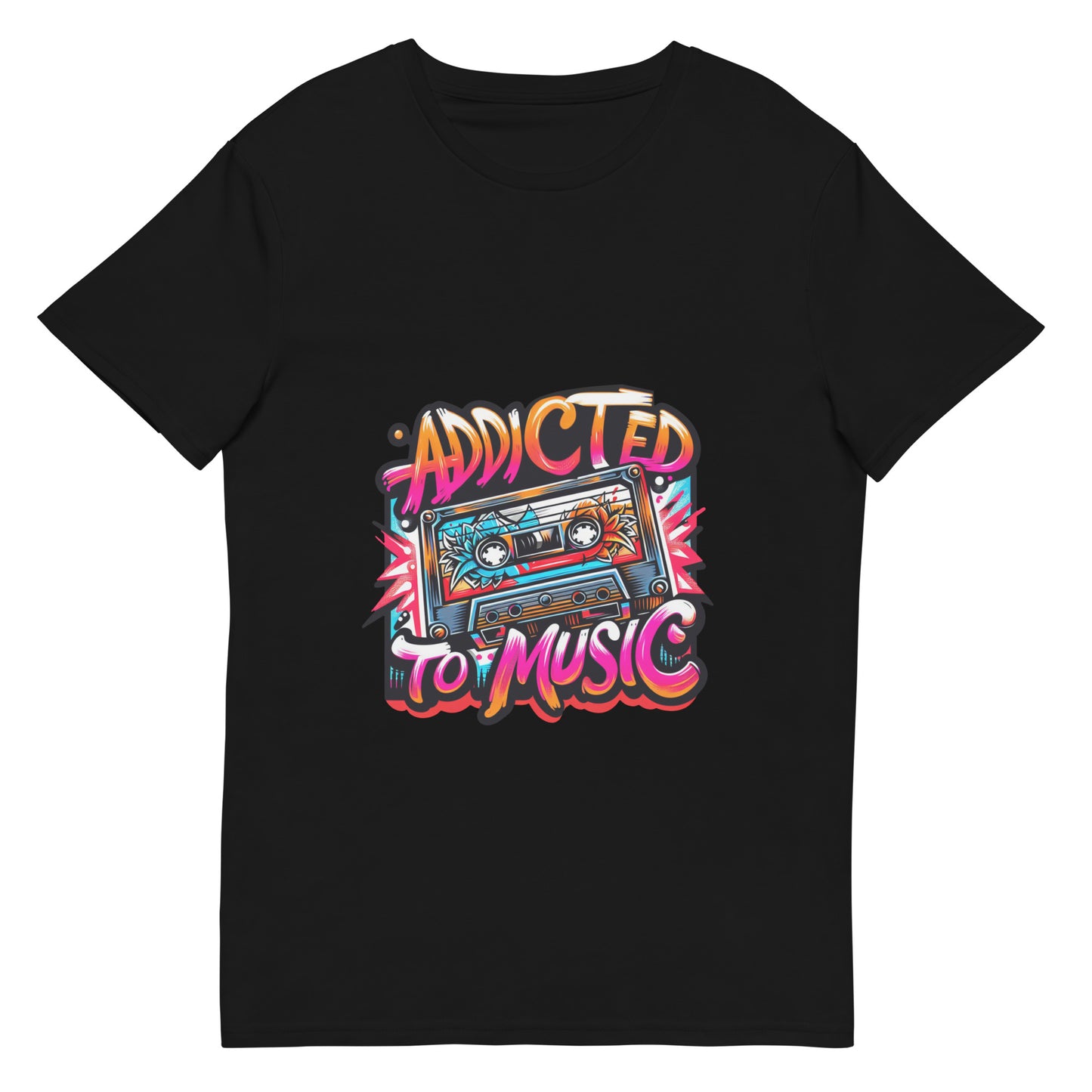 Addicted to Music T shirt featuring a vibrant neon cassette tape with bold retro colours, designed for music lovers in the UK who enjoy expressive streetwear and high quality DTF printed artistic music apparel.