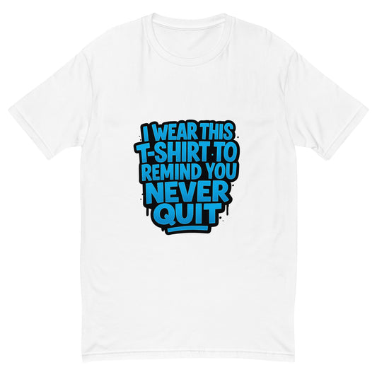 never quit motivational t shirt graphic with bold blue lettering in a clean inspirational style
