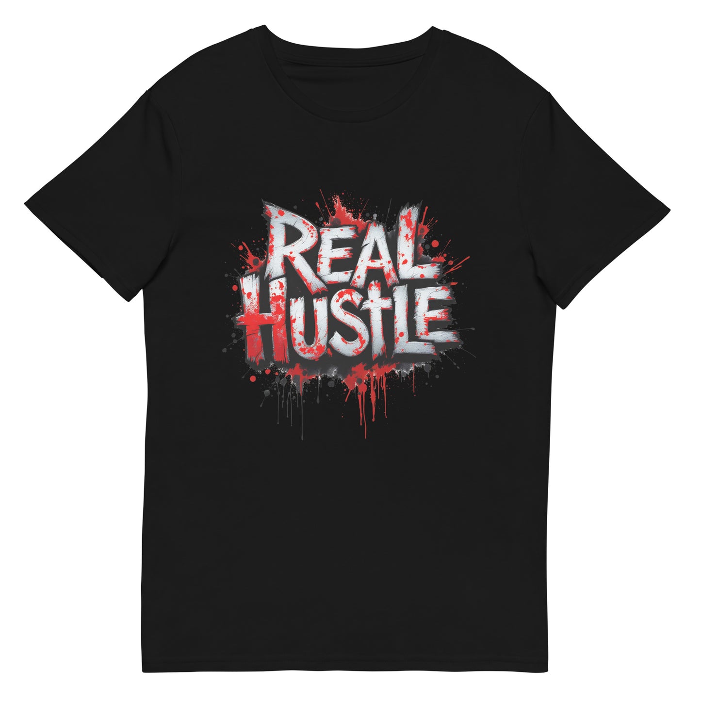 real hustle printed t shirt with graffiti style lettering, paint splatter effects and bold urban street art graphic