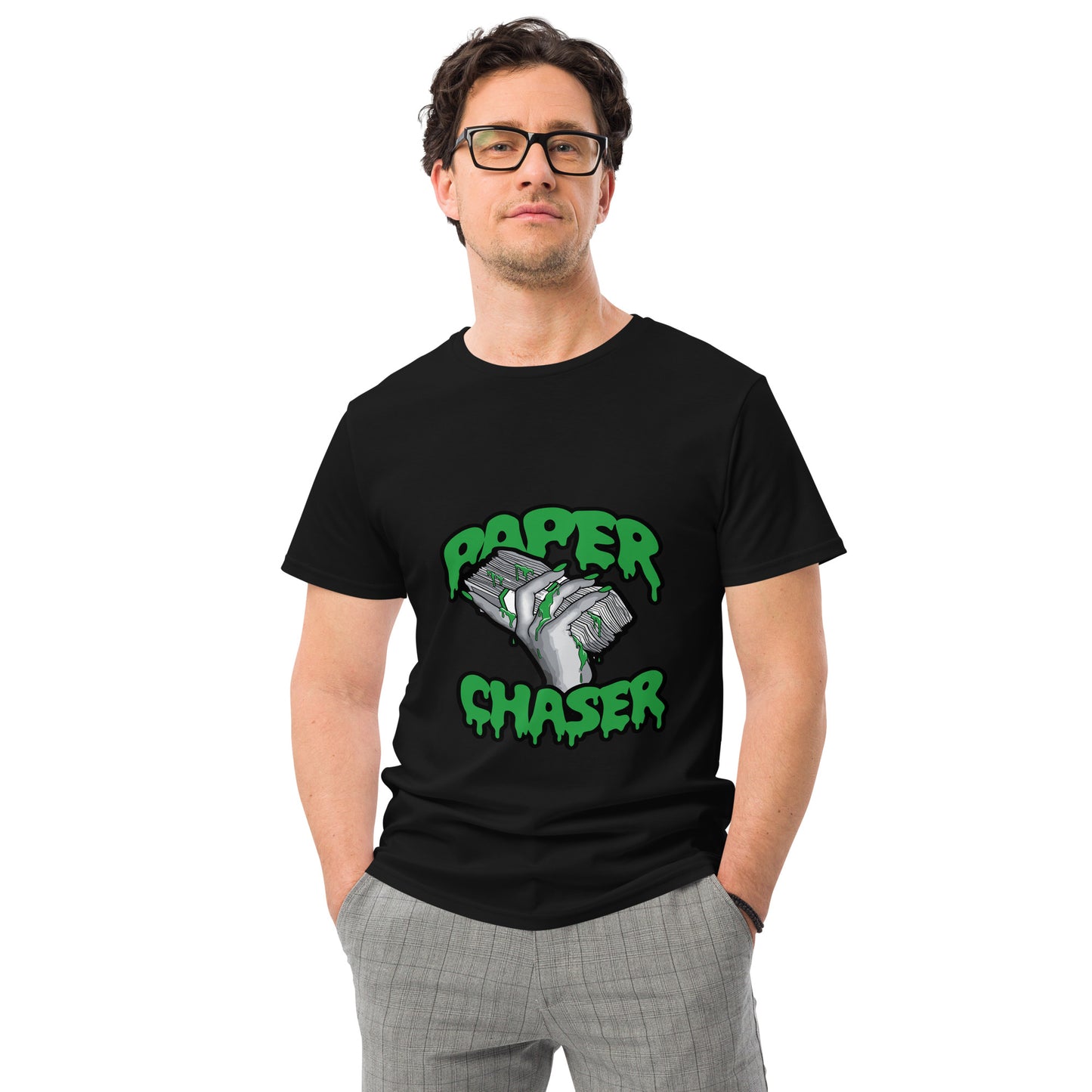 Paper Chaser T shirt with a bold money stack graphic, dripping green details and hand-drawn lettering, printed with high quality DTF printing in the UK.
