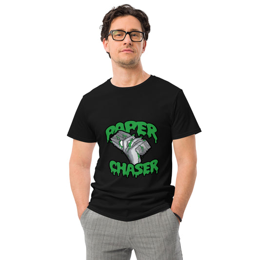 Paper Chaser T shirt with a bold money stack graphic, dripping green details and hand-drawn lettering, printed with high quality DTF printing in the UK.
