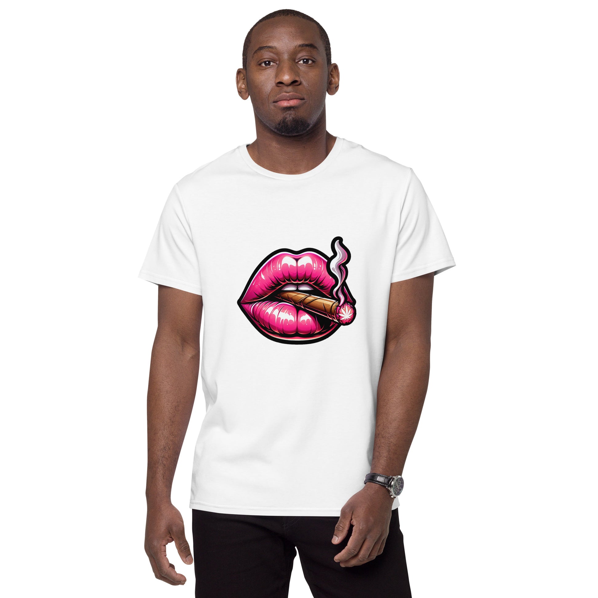 Pink lips T shirt featuring glossy neon lips holding a lit cigar in a bold streetwear art style, created for expressive urban fashion lovers and printed with high quality DTF printing in the UK.



