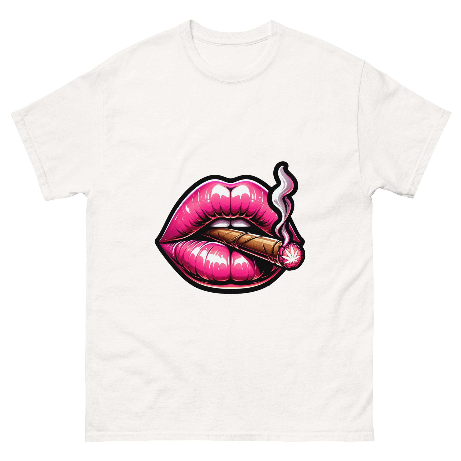 Pink lips T shirt featuring glossy neon lips holding a lit cigar in a bold streetwear art style, created for expressive urban fashion lovers and printed with high quality DTF printing in the UK.

