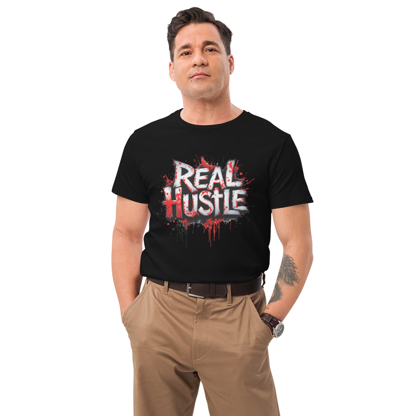 real hustle printed t shirt with graffiti style lettering, paint splatter effects and bold urban street art graphic