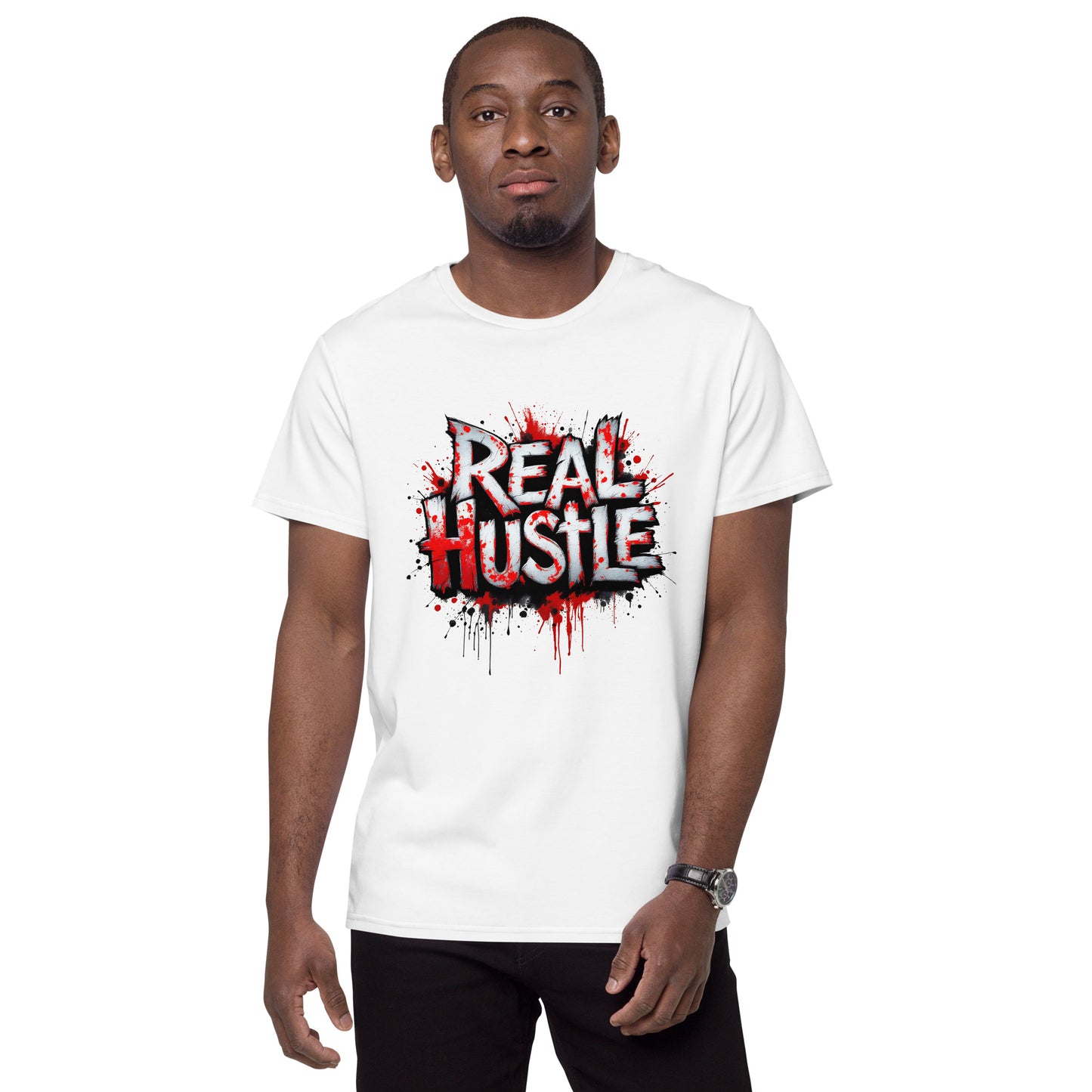 real hustle printed t shirt with graffiti style lettering, paint splatter effects and bold urban street art graphic