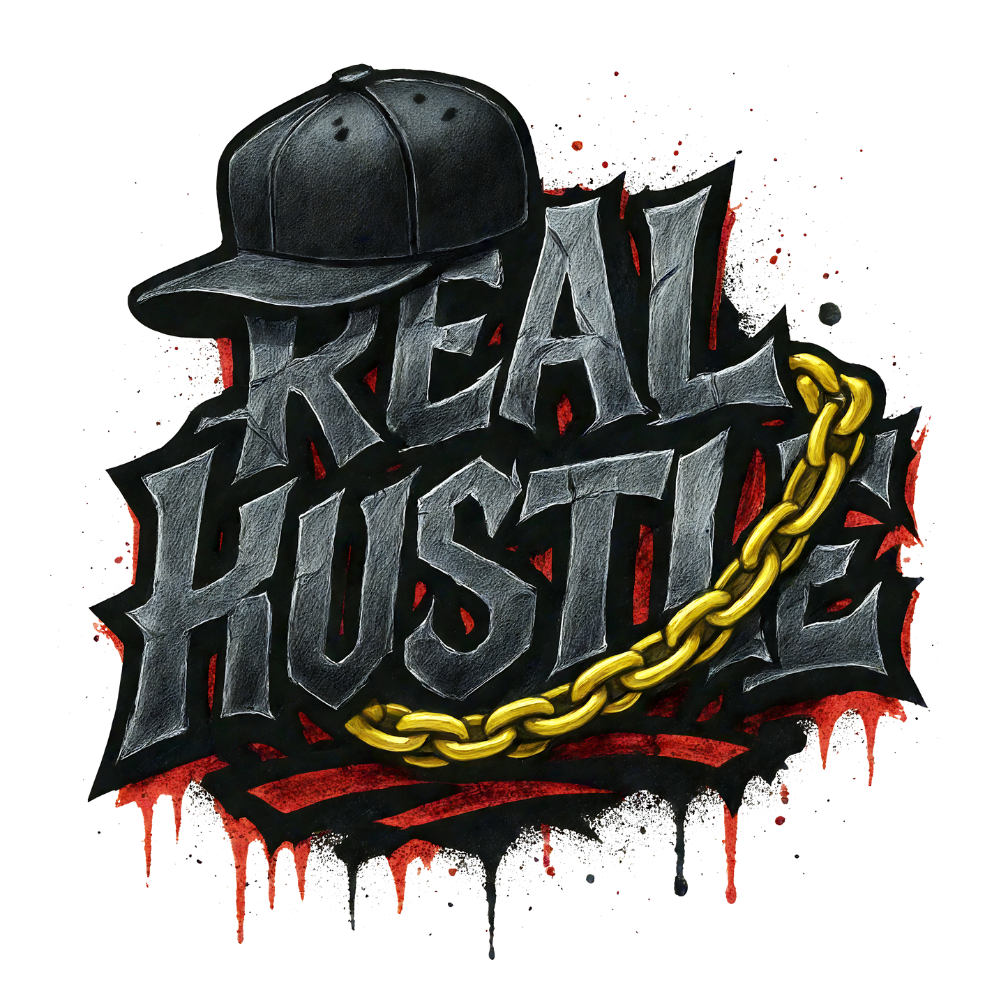 Real Hustle streetwear T shirt featuring cracked graffiti lettering, a snapback cap and gold chain artwork, printed with high quality DTF printing in the UK.
