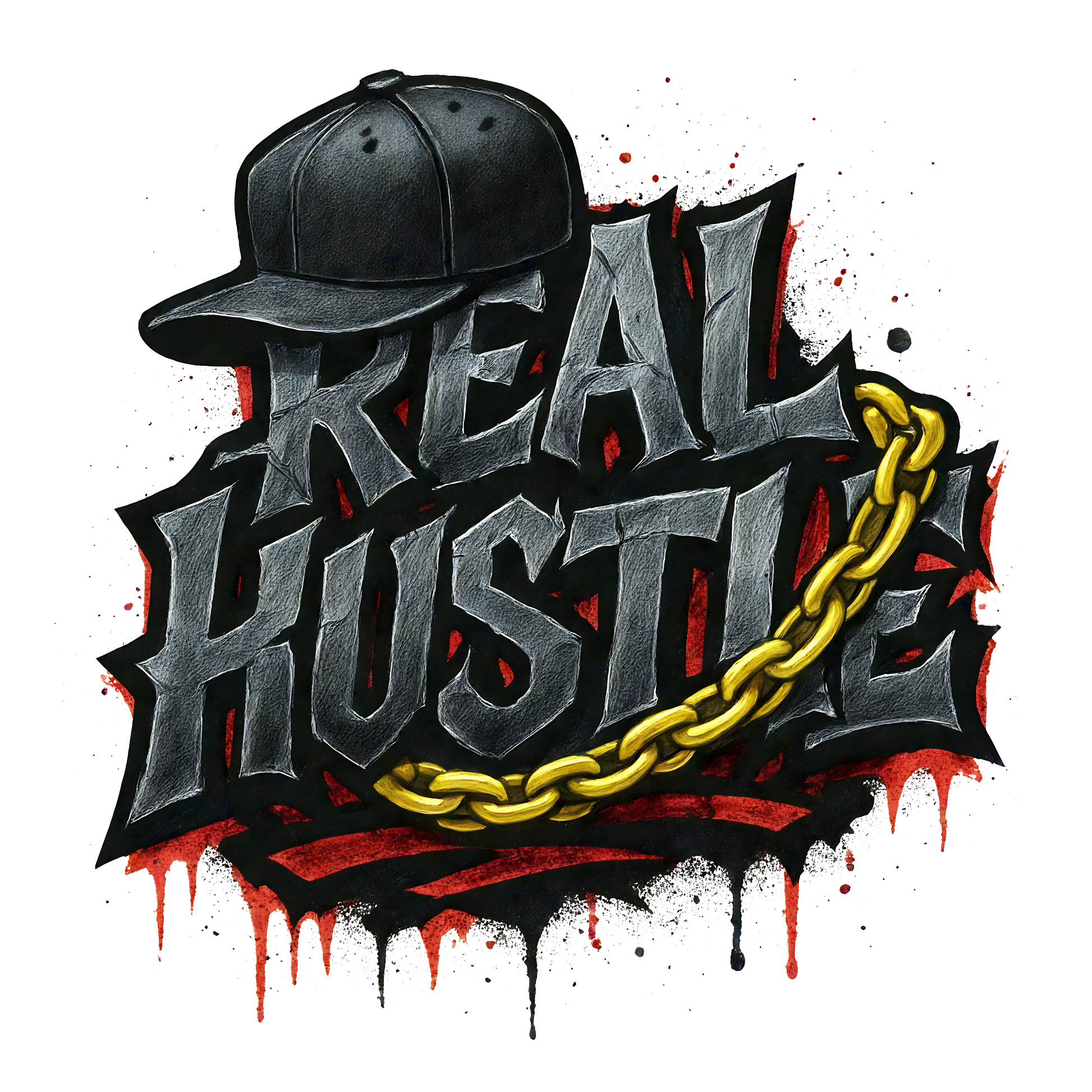 Real Hustle streetwear T shirt featuring cracked graffiti lettering, a snapback cap and gold chain artwork, printed with high quality DTF printing in the UK.
