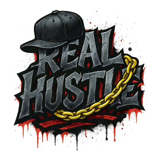 Real Hustle streetwear T shirt featuring cracked graffiti lettering, a snapback cap and gold chain artwork, printed with high quality DTF printing in the UK.
