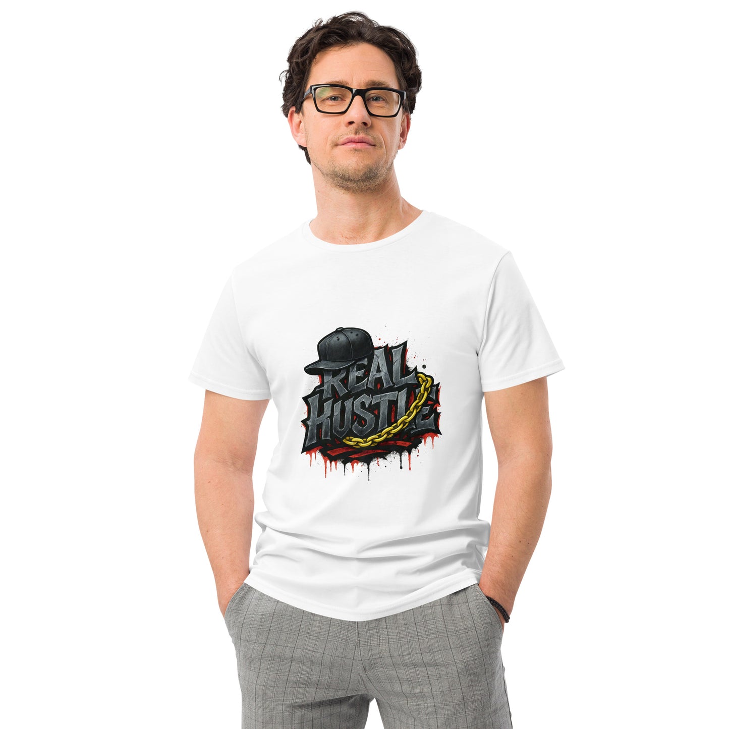 Real Hustle streetwear T shirt featuring cracked graffiti lettering, a snapback cap and gold chain artwork, printed with high quality DTF printing in the UK.
