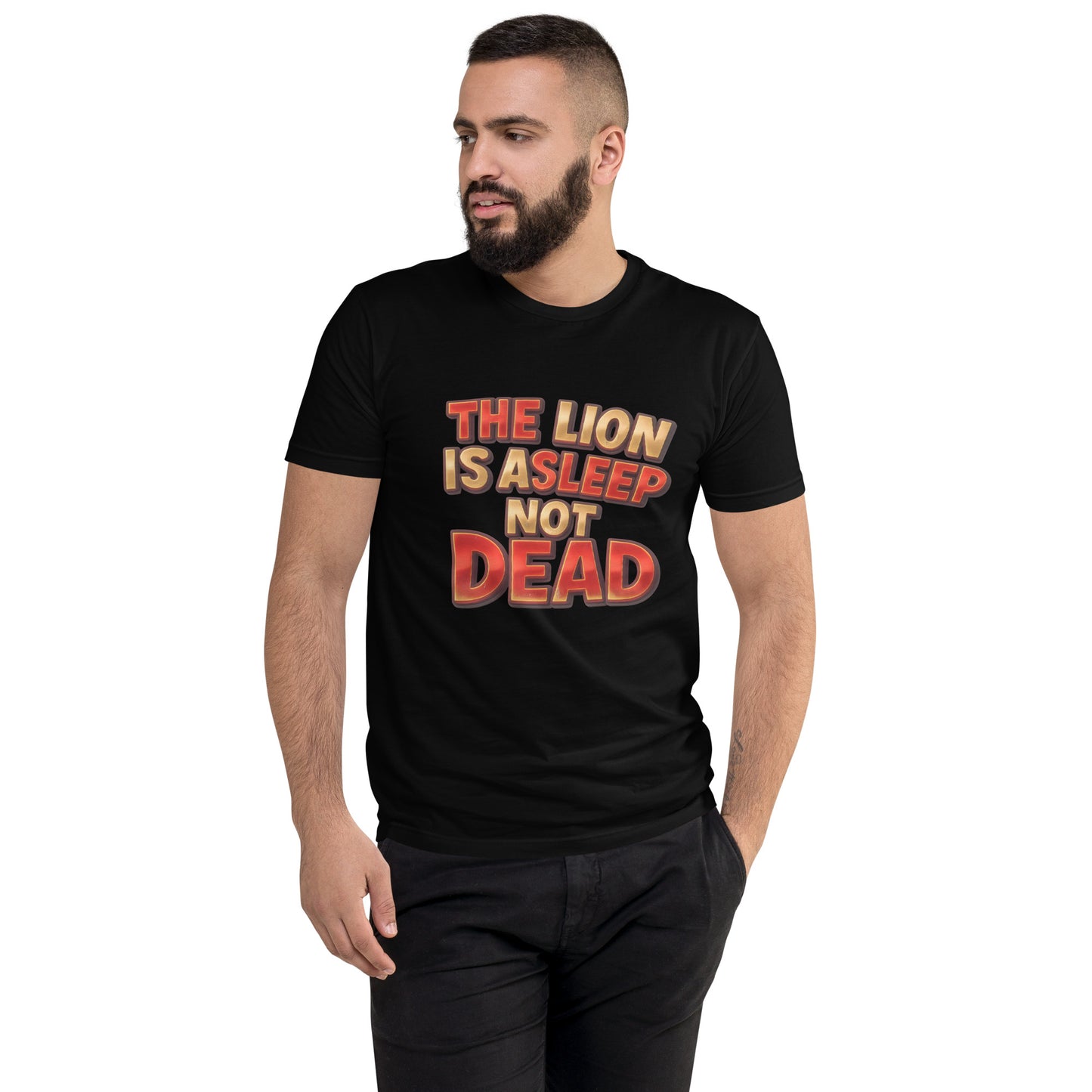 The Lion Is Asleep Not Dead T shirt design with bold red and gold 3D lettering, perfect for motivational gym apparel, fitness inspiration clothing and custom DTF printing UK