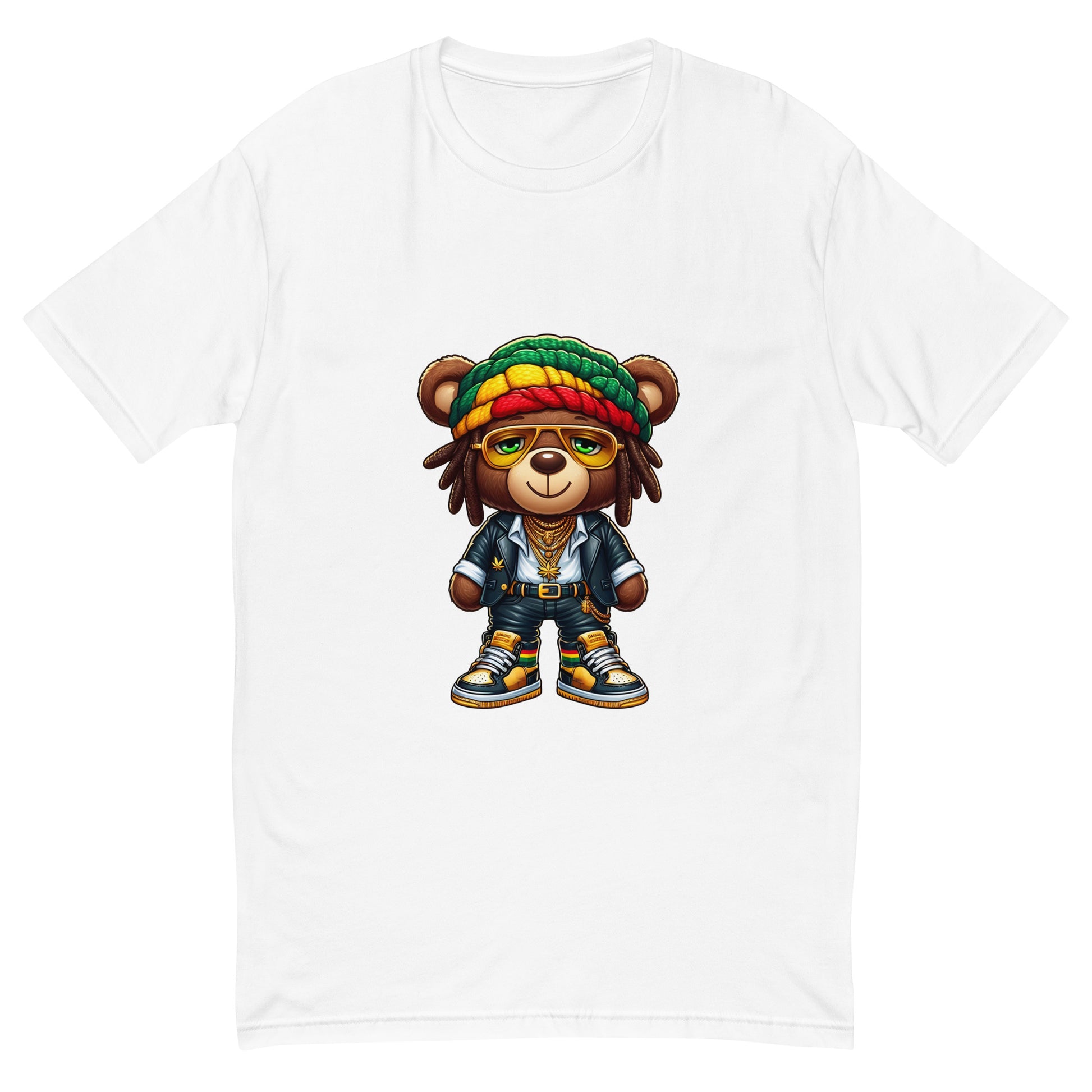 Rasta Bear T shirt featuring a colourful reggae-inspired cartoon bear in bold streetwear, ideal for fans of reggae culture and urban fashion and printed with high quality DTF printing in the UK.

