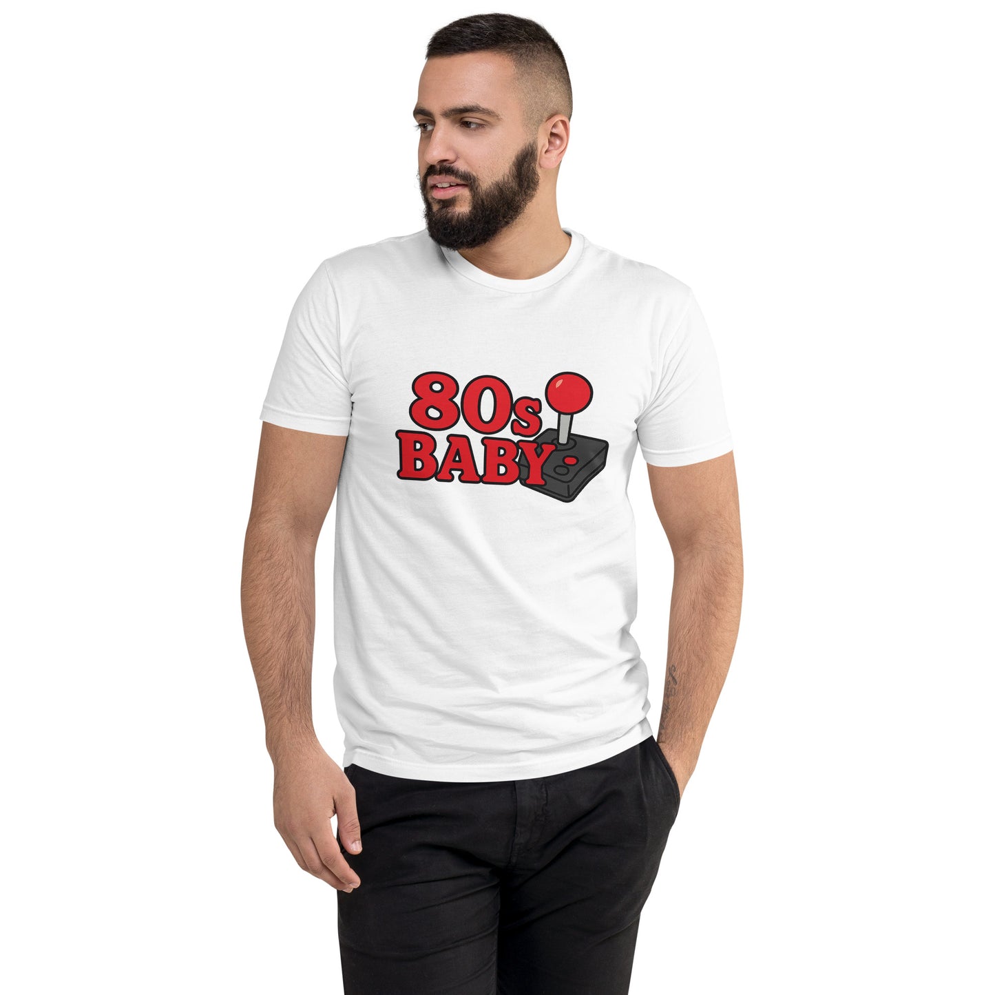80s Baby T shirt design featuring a retro gaming joystick graphic, perfect for vintage gamer apparel, 80s themed clothing and nostalgic arcade style printed with high quality DTF printing UK