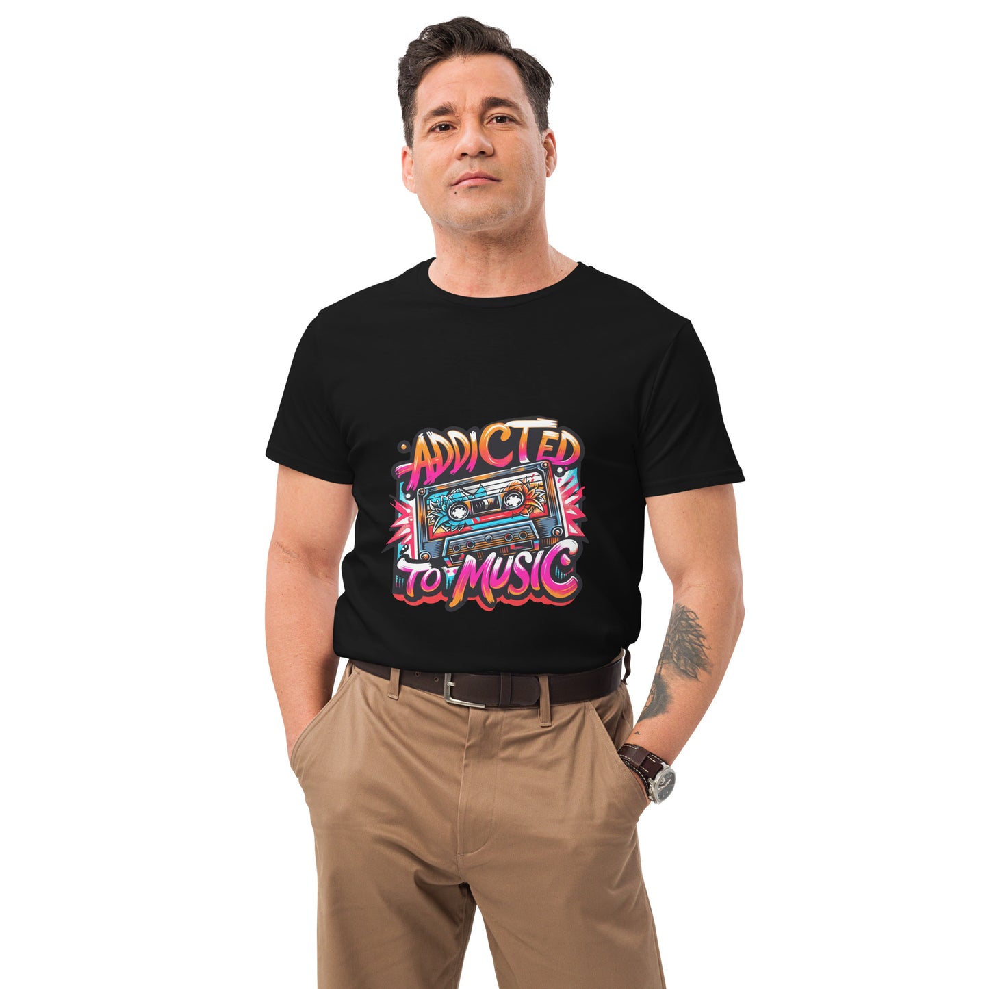 Addicted to Music T shirt featuring a vibrant neon cassette tape with bold retro colours, designed for music lovers in the UK who enjoy expressive streetwear and high quality DTF printed artistic music apparel.