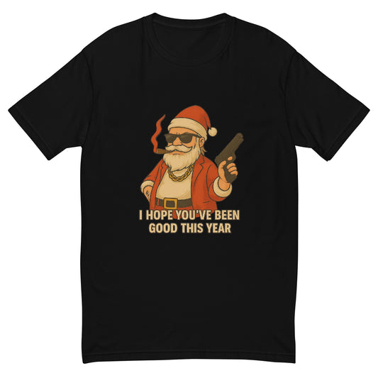A bold and funny Santa streetwear design with sunglasses, cigar and a stylised weapon, printed with high-quality DTF printing in the UK.