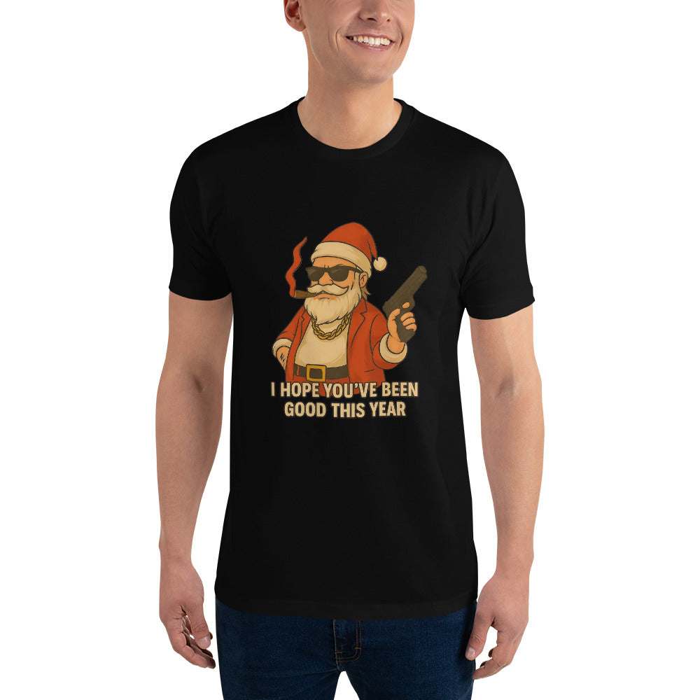 A bold and funny Santa streetwear design with sunglasses, cigar and a stylised weapon, printed with high-quality DTF printing in the UK.