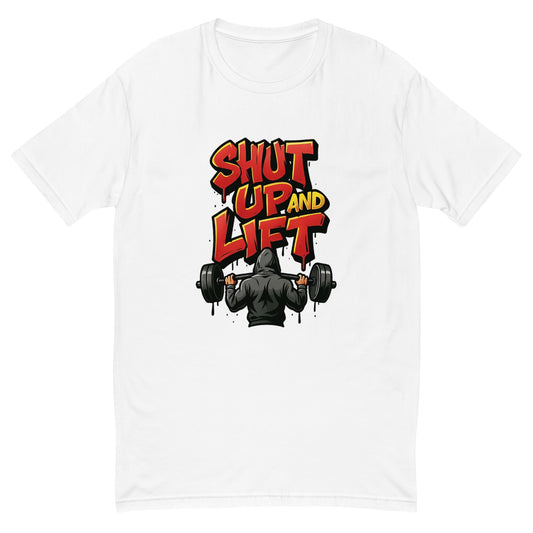 Shut Up and Lift T shirt design featuring bold graffiti lettering and a hooded lifter holding a heavy barbell, created for motivational gym apparel, hardcore fitness clothing and professionally printed with high quality DTF printing in the UK